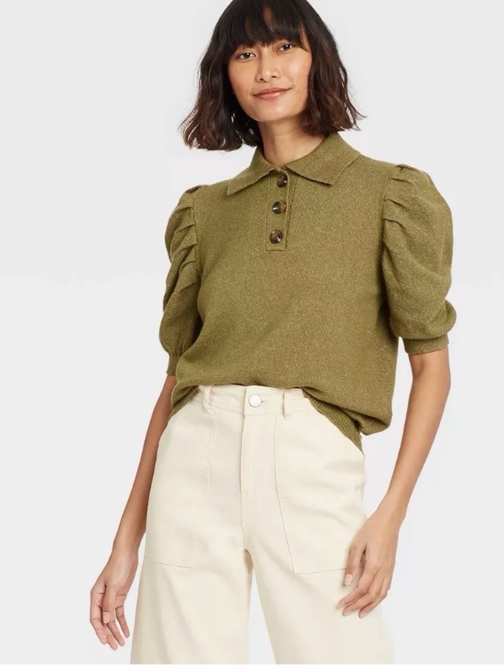 Who what wear puff sleeve collared sweater olive green XS